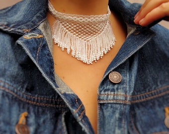 Handmade White Beaded Fringe Choker, Czech Glass Beads