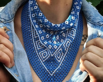 Denim blue matt finish beaded bandana necklace, Western beaded scarf necklace