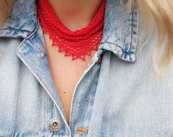 Red Beaded Scarf Necklace, Handmade Seed Bead Bandana