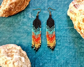 Geometric Seed Bead Earrings, Bohemian Beaded Earrings, Fringe Beaded Earrings, Boho Earrings, Fringe Beaded Earrings, Beaded Earrings