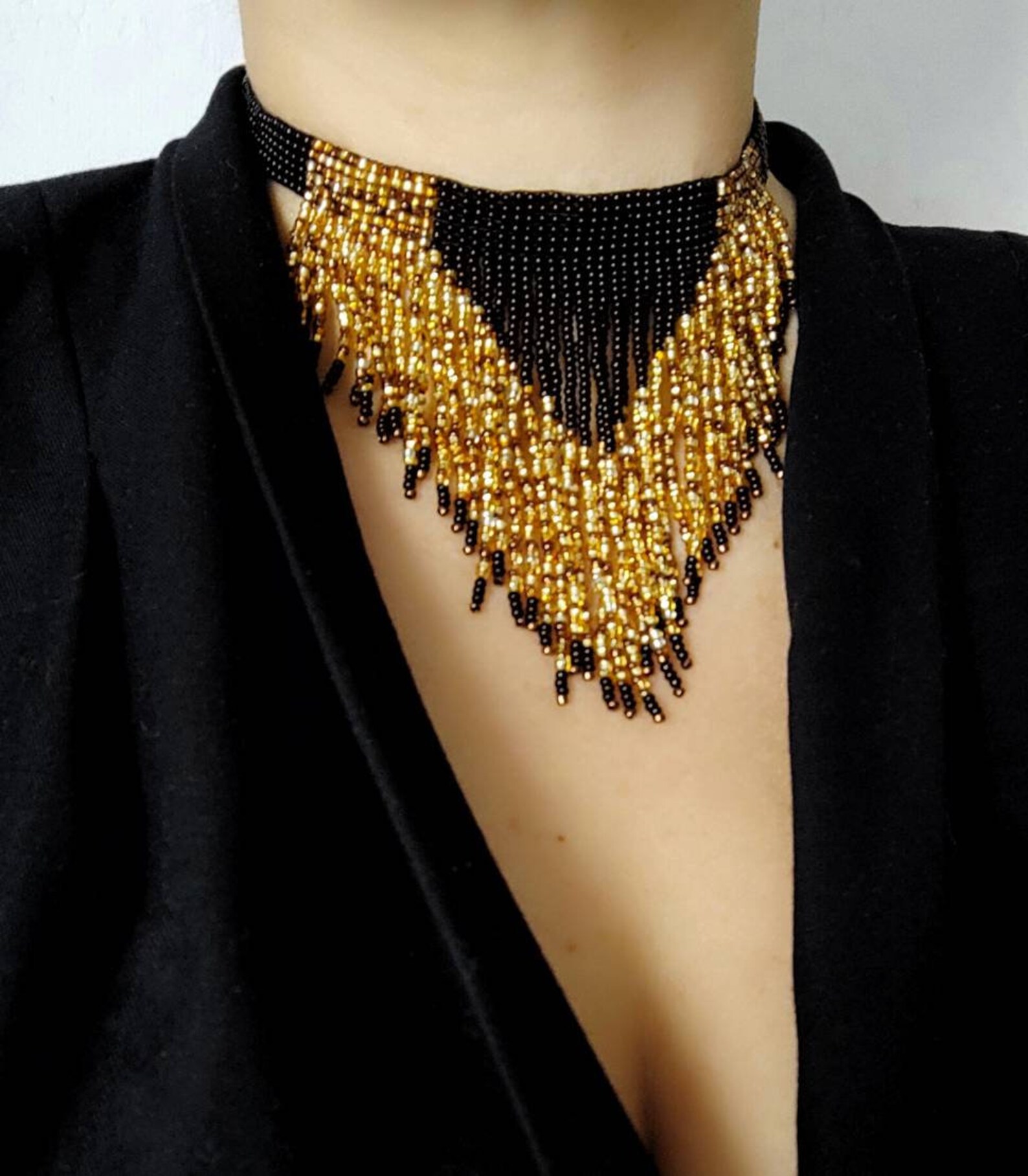 Seed Bead Fringe Choker, Seed Bead Fringe Necklace, Boho Beaded