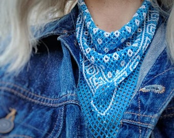 Country light blue beaded necklace bandana, Sky blue beaded scarf necklace with bandana ornament