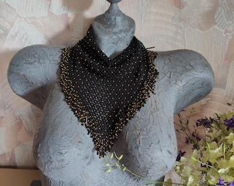 Fringe beaded bandana necklace black matt finish with sparkle gold seed beads adjustable size