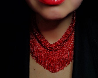 Red fringe sparkle beaded scarf necklace for a women's