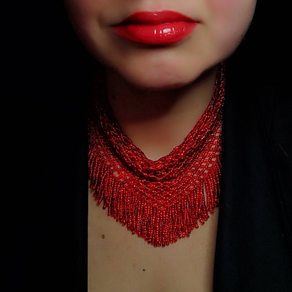 Red Beaded Scarf Necklace with Fringe, Beaded Netted Scarf, Beaded Netted Necklace, Beaded Bandana, Bead Neck Scarf, Seed Bead Necklace