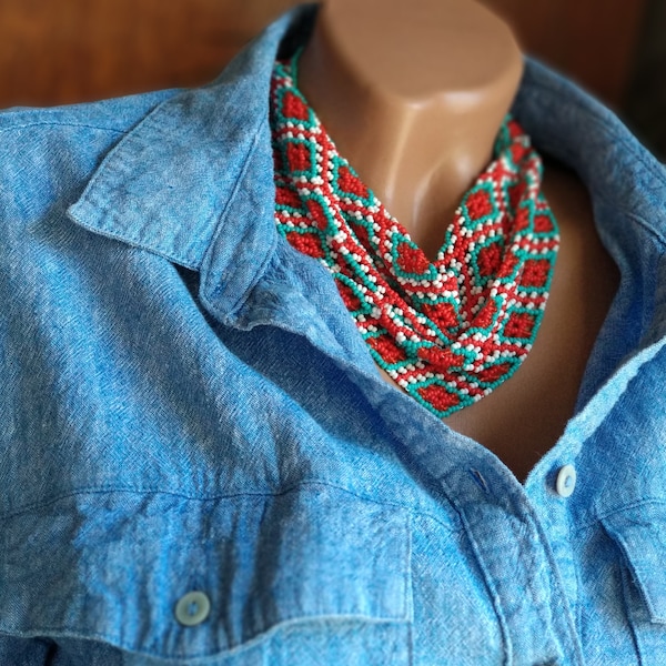 Beaded Scarf Necklace, Beaded Netted Scarf, Beaded Netted Necklace, Beaded Bandana, Beaded Neck Scarf, Beaded Neckerchief, Sead Bead Scarf