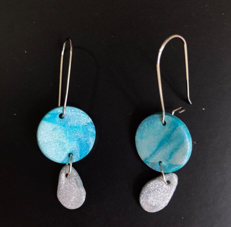 Turquoise and silver kidney hook polymer clay earrings