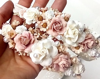 Pink and ivory baby headband, Headband baby baptism, baptism headband, christening headband, newborn flower crown, boho crown, dried flower