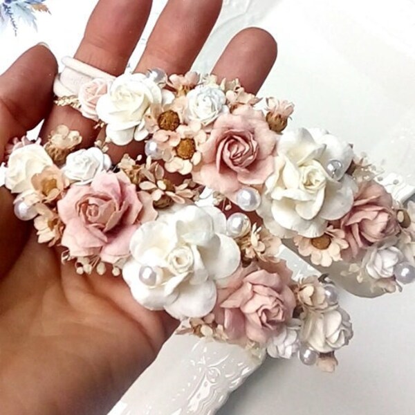 Pink and ivory baby headband, Headband baby baptism, baptism headband, christening headband, newborn flower crown, boho crown, dried flower