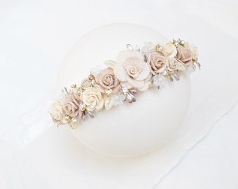 Bandeau de bébé crème et beige, couronne de fleur de bébé, bandeau de fille de fleur, fleur de couronne de baptême, bandeau de baptême de baptême, couronne de fleur de bébé