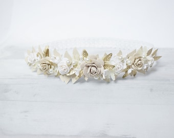 Bandeau de bébé crème et beige, couronne de fleur de bébé, bandeau de fille de fleur, fleur de couronne de baptême, bandeau de baptême