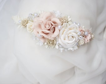 bandeau de bébé blanc rose blush, bandeau de fille de fleur, couronne de fleurs, fleur de couronne de baptême, couronne de baptême, couronne rose blush fille