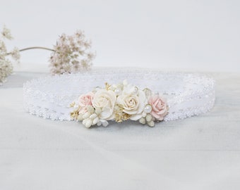 Rosa und Elfenbein Baby Stirnband, Stirnband Baby Taufe, Tauf stirnband, Tauf stirnband, Neugeborenen Blumen Krone, Boho Krone,