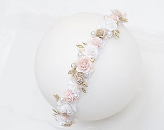 Diadema de bebé crema y beige, corona de flores de bebé, diadema de niña de flores, flor de corona de bautismo, diadema de bautizo de bautismo, corona de flores de bebé