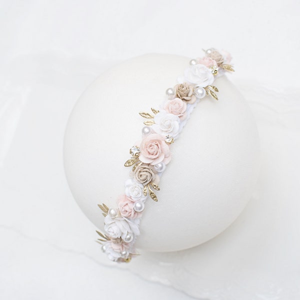 Bandeau de bébé crème et beige, couronne de fleur de bébé, bandeau de fille de fleur, fleur de couronne de baptême, bandeau de baptême