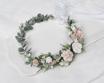 wedding Flower crown, Flower hair wreath, Flower Headband, baby's breath eucalyptus flower crown,Flower girl crown, woodland wedding crown