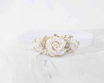 Diadema de bebé beige y marfil, corona de flores de bebé, diadema de niña de flores, flor de corona de bautismo, diadema de bautizo de bautismo, corona de flores de bebé