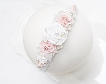 Pink and white baby headband, Headband baby baptism, baptism headband, christening headband, newborn flower crown, boho crown, pearls