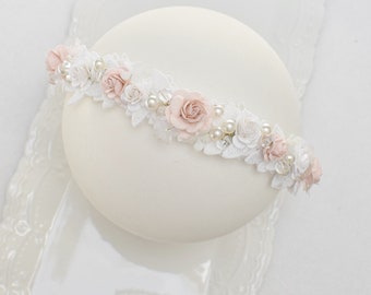 Diadema de bebé crema y rosa, corona de flores de bebé, diadema de niña de flores, flor de corona de bautismo, diadema de bautizo de bautismo, corona de flores de bebé