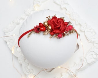 Christmas Girl Headband, Red flower Headband, Christmas newborn Headband, Newborn Photo prop, winter red flower girl headband, baby winter