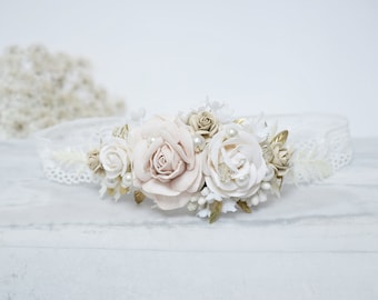 Bandeau de bébé beige et ivoire, couronne de fleur de bébé, bandeau de fille de fleur, fleur de couronne de baptême, bandeau de baptême de baptême, couronne de fleur de bébé