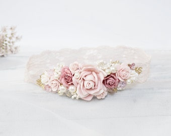 Pink and Ivory baby headband, Headband baby baptism, baptism headband, christening headband, newborn flower crown, boho crown,