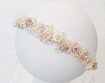 Baby Mädchen getrocknete Schleierkraut Blume Krone, geblümte Neugeborene Nylon Stirnband, Taufe, Geburtstag, Taufe, Elfenbein getrocknete Blumen Haarband,