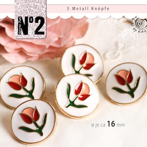 5 bezaubernde Metall Knöpfe - weiß bunt gelackt - Tulpen Design - jeder ca 16 mm groß - Nr 229