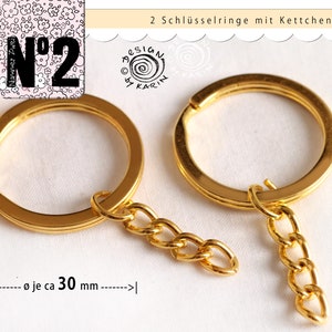 2 key rings with chain - metal gold - blanks - new - No. 177