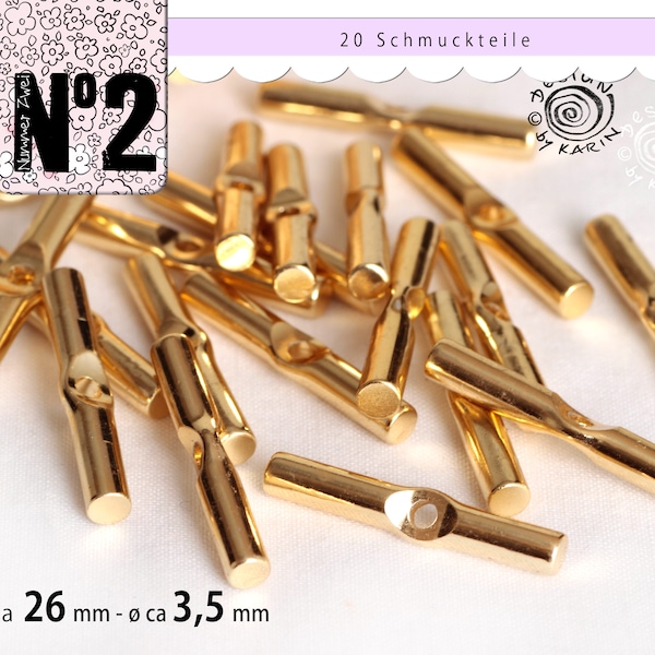 20 alte Schmuckteile anno 1970 - goldfarbenes Metall - je ca 26 mm lang - Durchmesser ca 3,5 mm - Bohrung ca 2 mm -  Nr 179