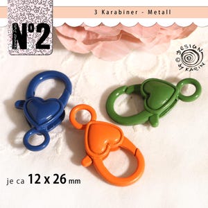 3 sturdy key rings/carabiners - metal colored lacquered - beautiful heart shape - No. 262