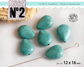 6 schöne Perl-Tropfen - Türkis-Imitat - jeweils ca 12x16 mm groß und ca 7 mm flach - Bohrung ca 1 mm - Nr 184