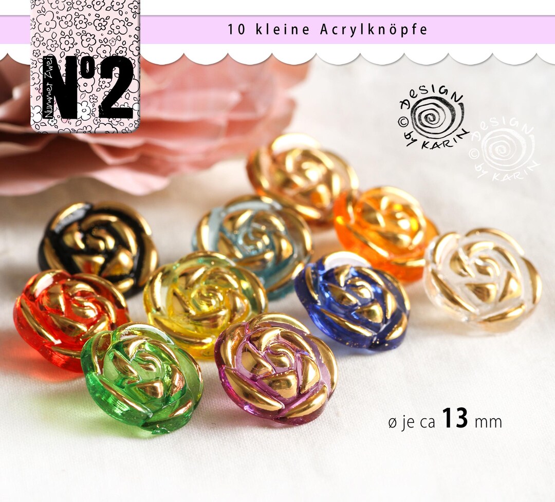 10 Small Acrylic Buttons - Rose Design - Various Colors - All Decorated ...