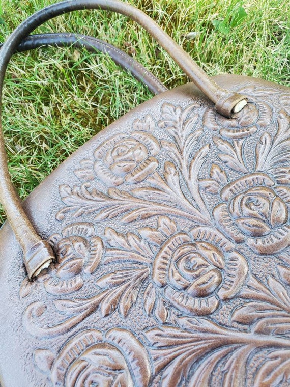 Vintage Vinyl Faux Tooled Leather Floral and Maya… - image 9