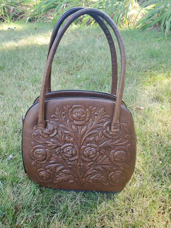 Vintage Vinyl Faux Tooled Leather Floral and Maya… - image 1