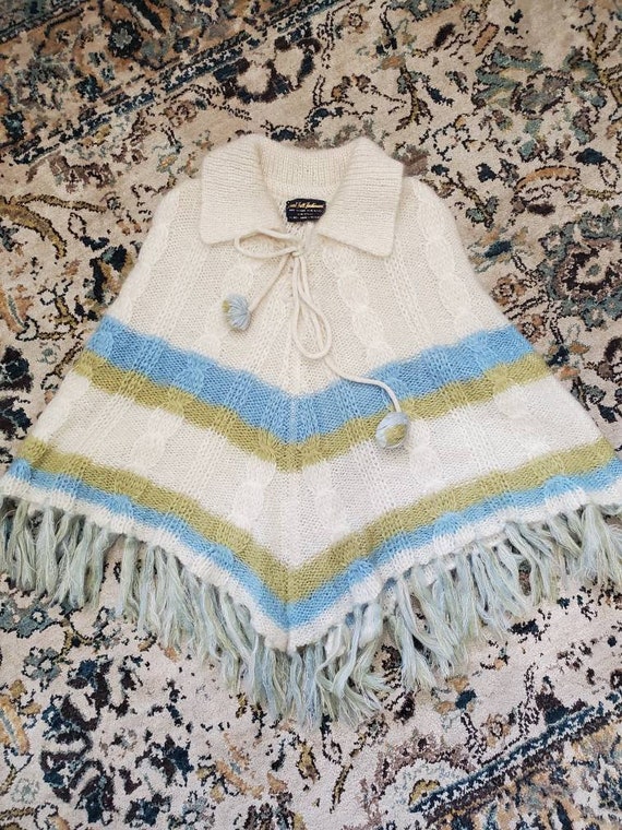 Vintage Mohair Poncho with Fringe and Pom Poms - image 1