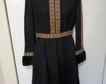 Vintage Handmade Folk Wool and Faux Fur Dress