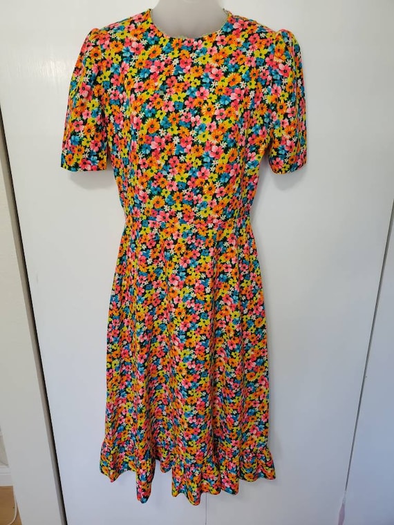 70's Handmade Neon Floral Barkcloth Maxi Dress