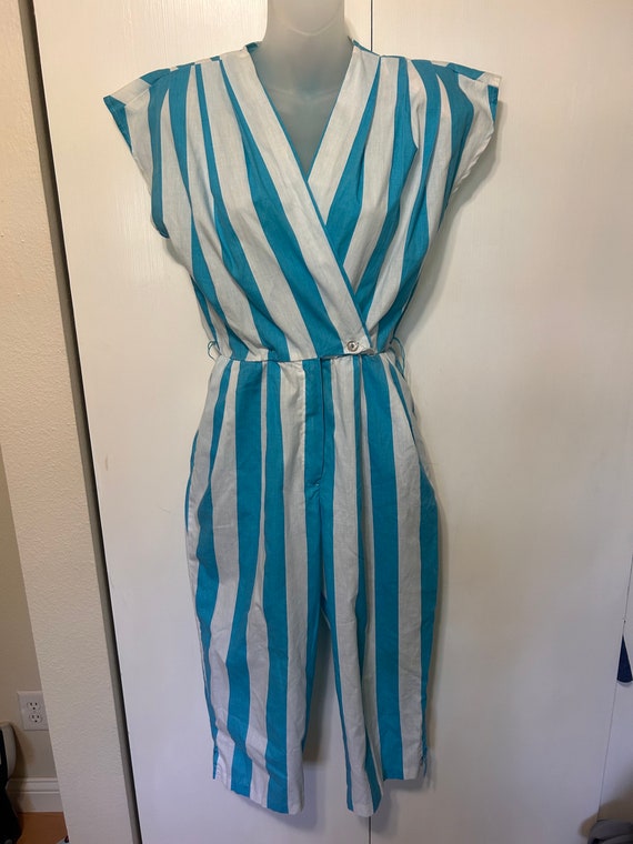 80’s Blue and White Striped Asymmetrical Jumpsuit