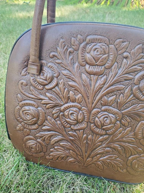 Vintage Vinyl Faux Tooled Leather Floral and Maya… - image 3