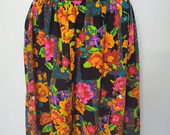 70's Handmade Floral Barkcloth Midi Skirt