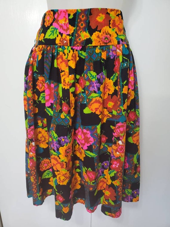 70's Handmade Floral Barkcloth Midi Skirt