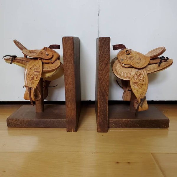 Vintage Tooled Leather Saddle Bookends