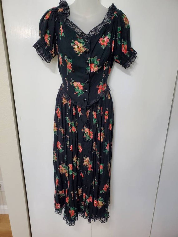 80's Black Floral and Lace Maxi Dress