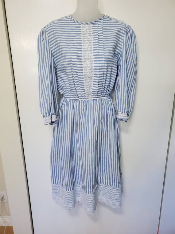 Vintage Blue and White Stripe Lace Dress