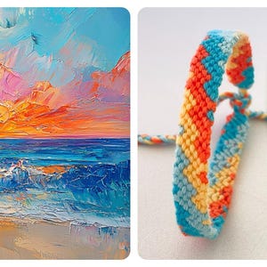 May include: An oil painting of a vibrant sunset over the ocean, with shades of orange, pink, and blue. Next to it, a handmade friendship bracelet with a colorful chevron pattern in blue, orange, and yellow.