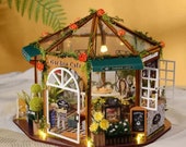 DIY 1 24 Miniature Dollhouse Kit Sunroom Garden Coffee Tea Shop Octagon Cafe House with LED lights Furniture Handcraft Model Gift Home Decor