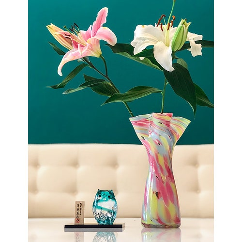 Japanese Tsugaru Vidro handmade colourful Glass Flower Frill shops Vase Bouquet Pot Vase Gift Japan