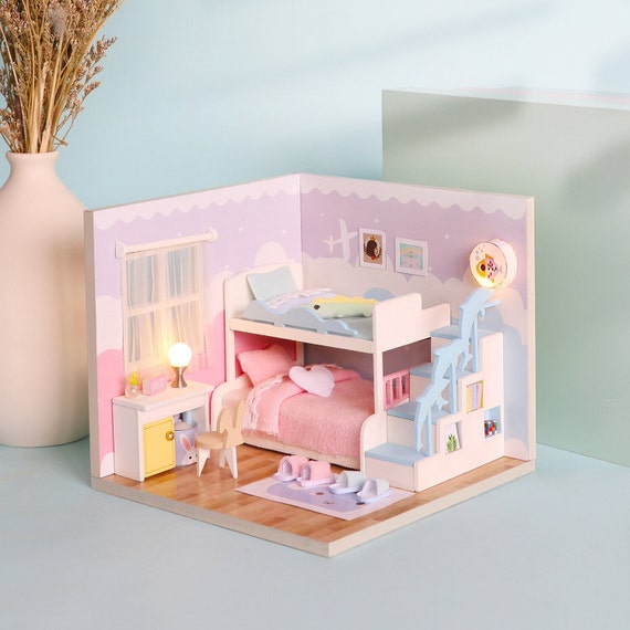 DIY 1/24 Wooden Dollhouse Miniature Kit w/ Furniture LED Light Girl Bedroom 
