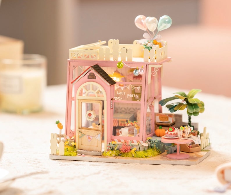 Robotime Rolife DIY NEW DG153 Holiday Party Time Miniature image // miniature cake shop dollhouse kit // kawaii aesthetic pink